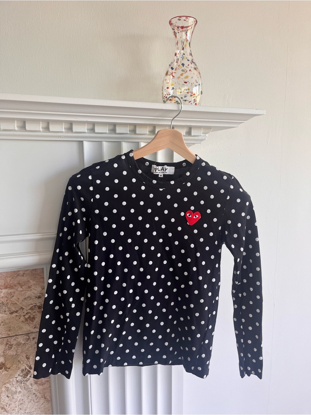 Black Polka Dot Long Sleeve Top with Red Heart Patch